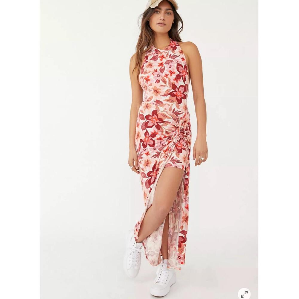 Free People Mimi Tropical Floral Dress High Slit Open Back Maxi Large